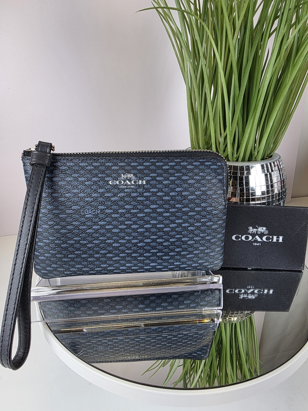 Coach Navy Blue Patterned Pebbled Leather Wristlet Bag with Strap